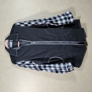 01195 Bleu Bayou black chambray, plaid and lace zip front tunic M